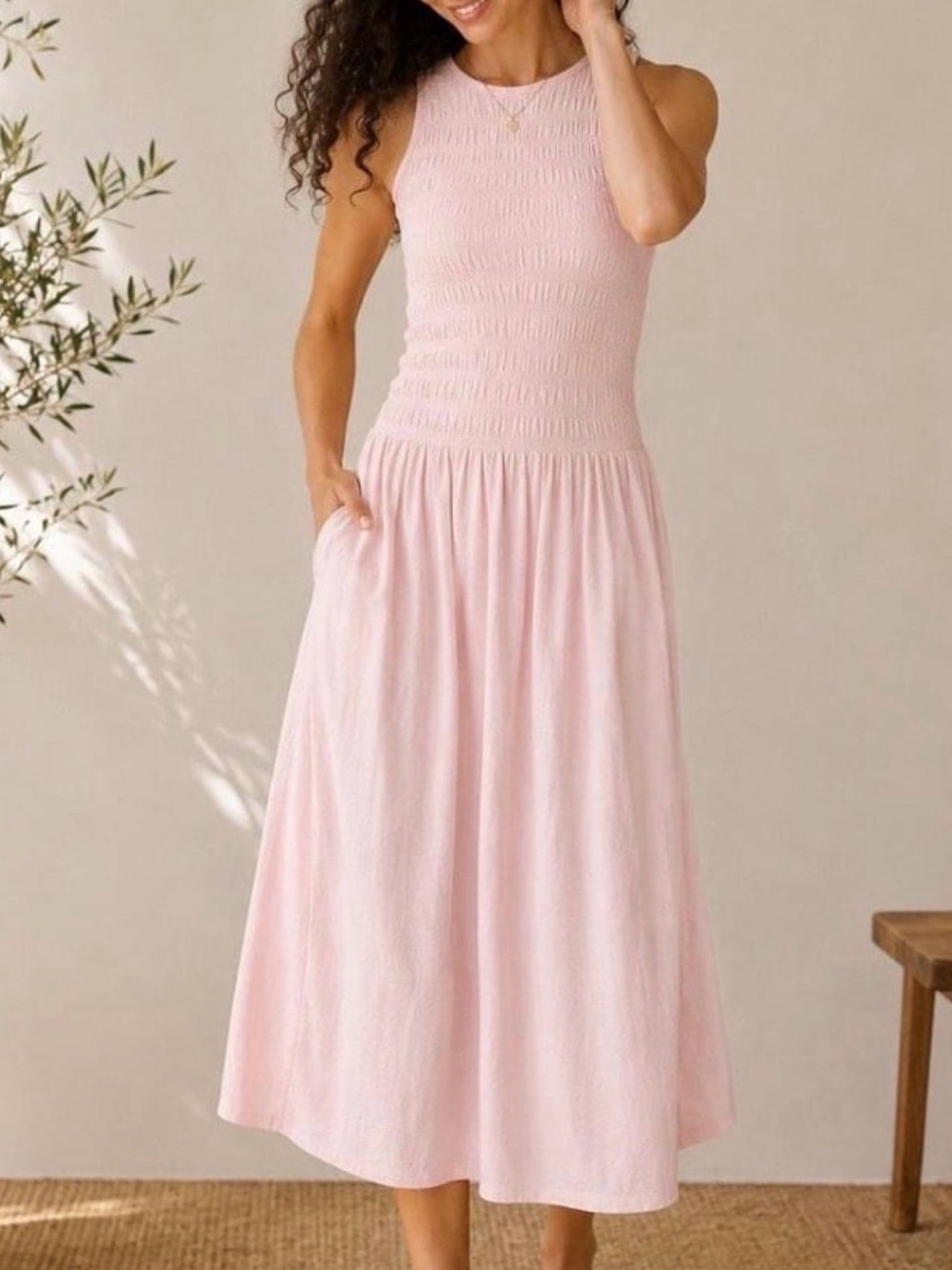 Sleeveless Smocked Bodice Midi Dress in Light Pink NWT
